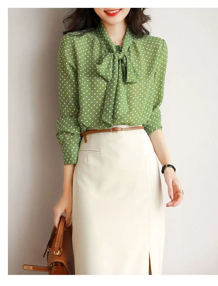 Polka Dot Shawl Collar Blouse - Bow Detail, Long Sleeve