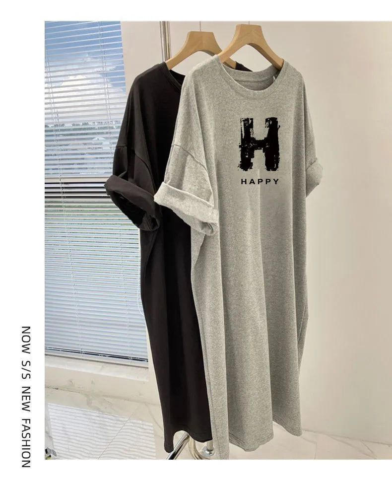 Letter Printed O-Neck Dress - Summer Casual Loose Short Sleeve Pullover Tunic for Women