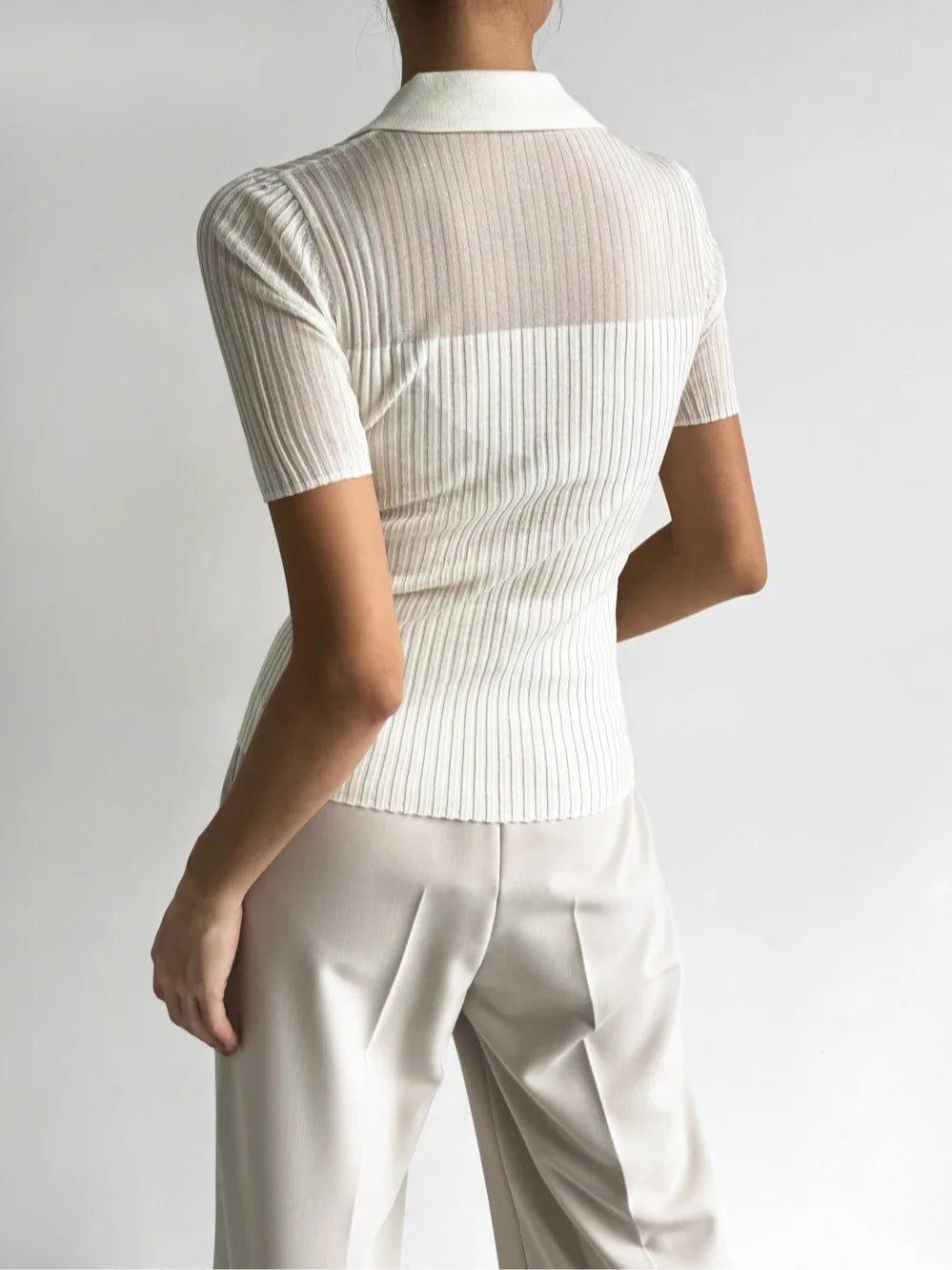 Ice Silk Polo Crop Top - Hollow-Out, Short Sleeve Korean Style