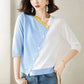 V-Neck Patchwork Cardigan - Contrast Color, Asymmetrical Design