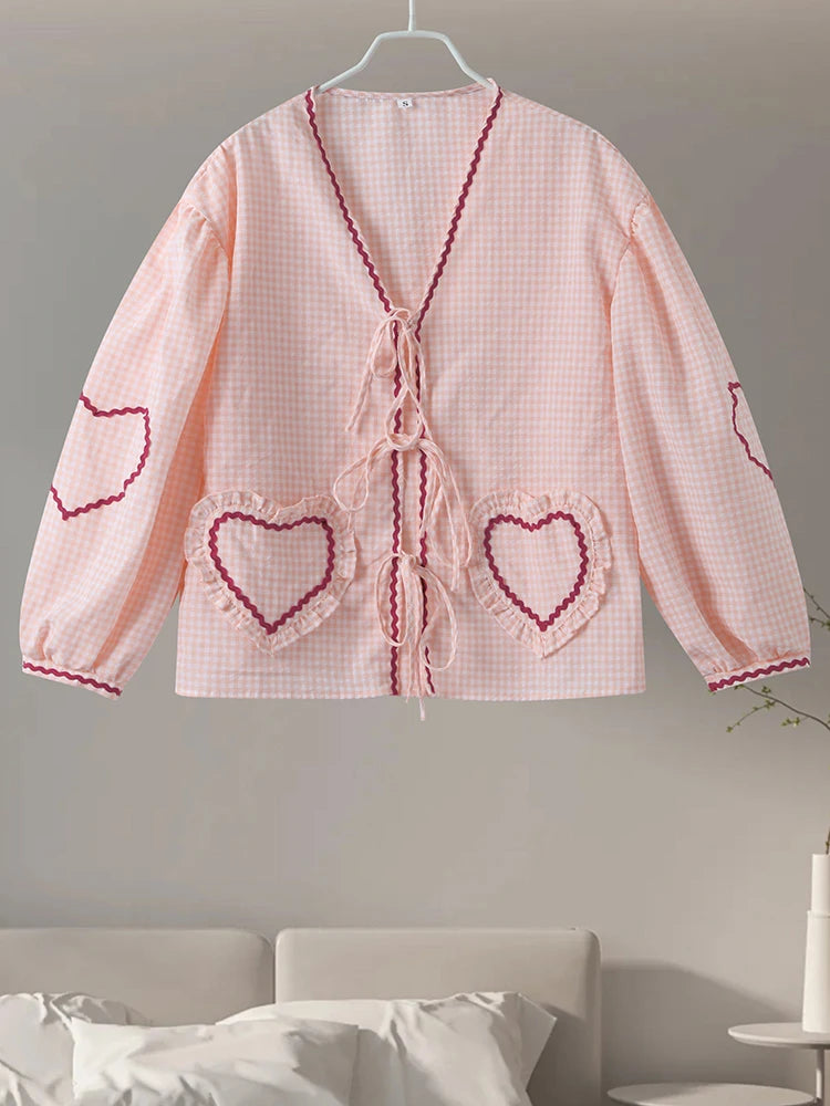 Plaid Heart Patchwork Blouse - V-Neck Lace-Up Long Sleeve