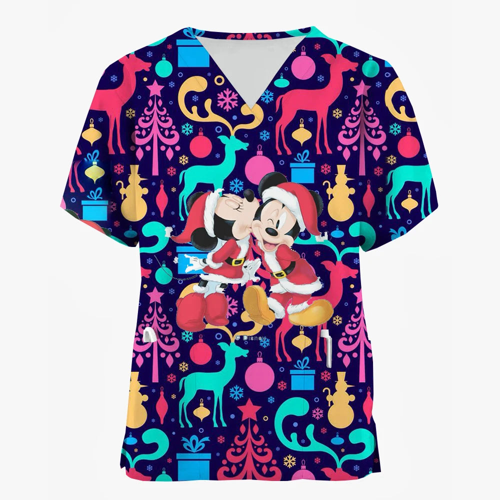 Mickey Mouse V-Neck Nursing Scrub Top - Christmas Print
