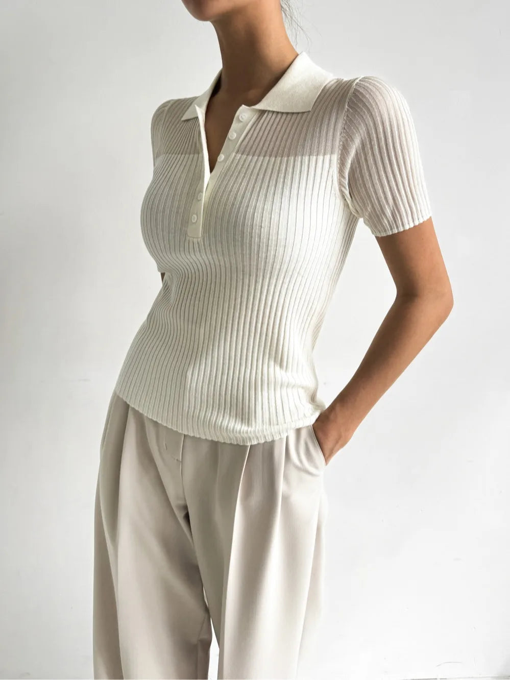 Ice Silk Polo Crop Top - Hollow-Out, Short Sleeve Korean Style