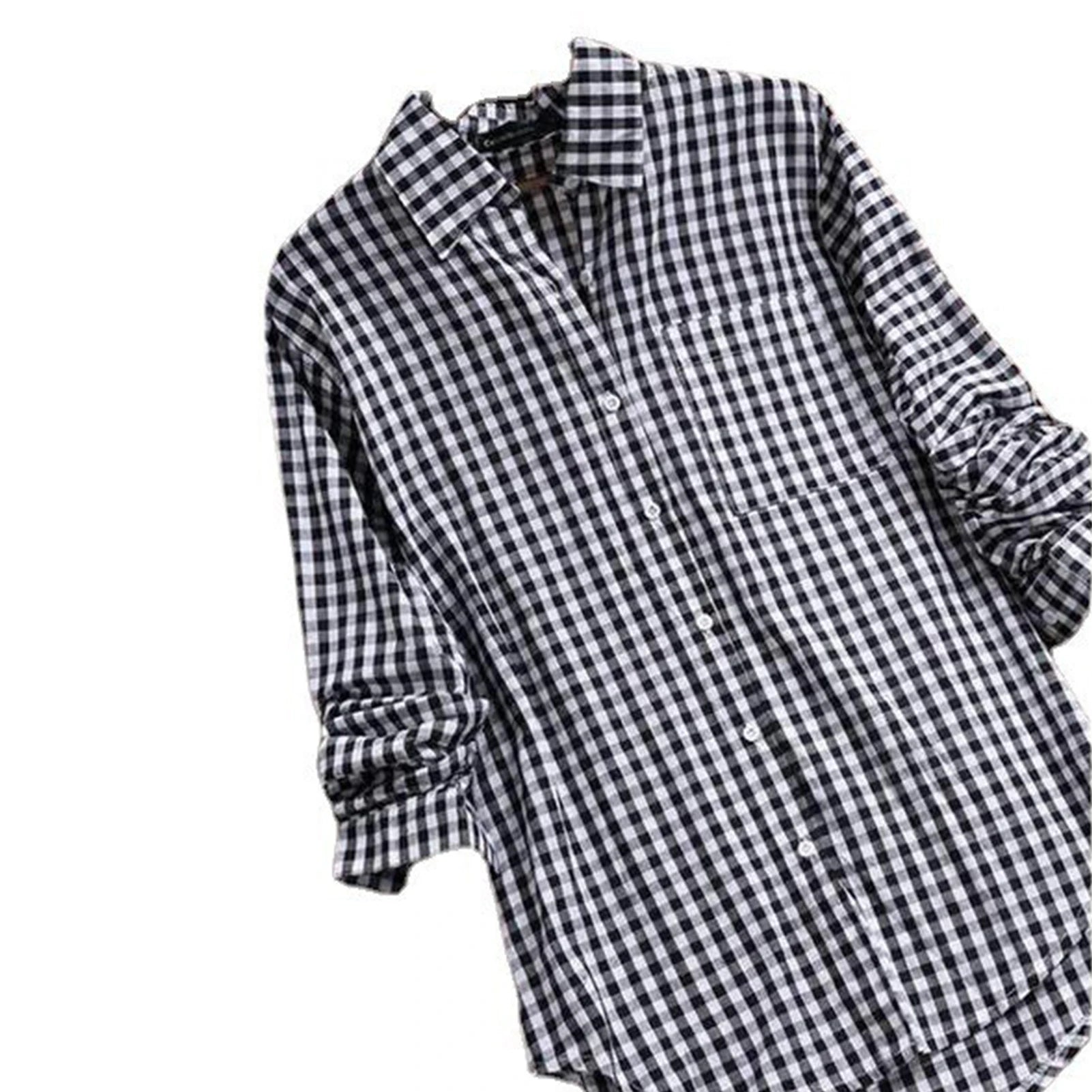 Plaid Cotton-Linen Tunic - V-Neck Roll-Up Sleeve Button-Down Shirt