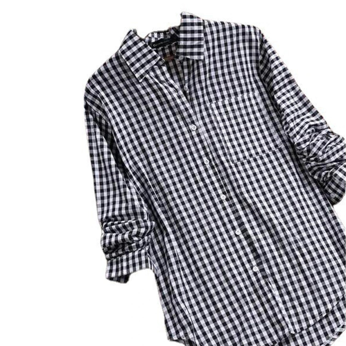 Plaid Cotton-Linen Tunic - V-Neck Roll-Up Sleeve Button-Down Shirt