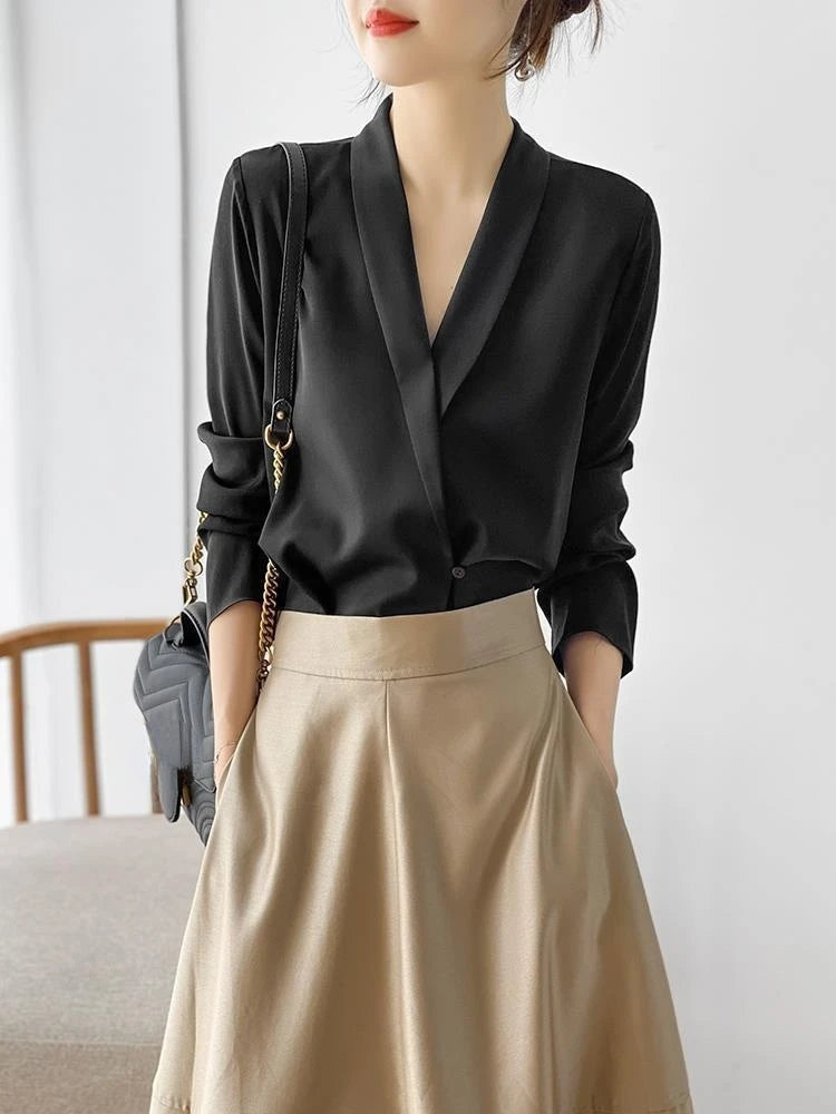 Silk Satin V-Neck Tunic - Long Sleeve, Office Chic