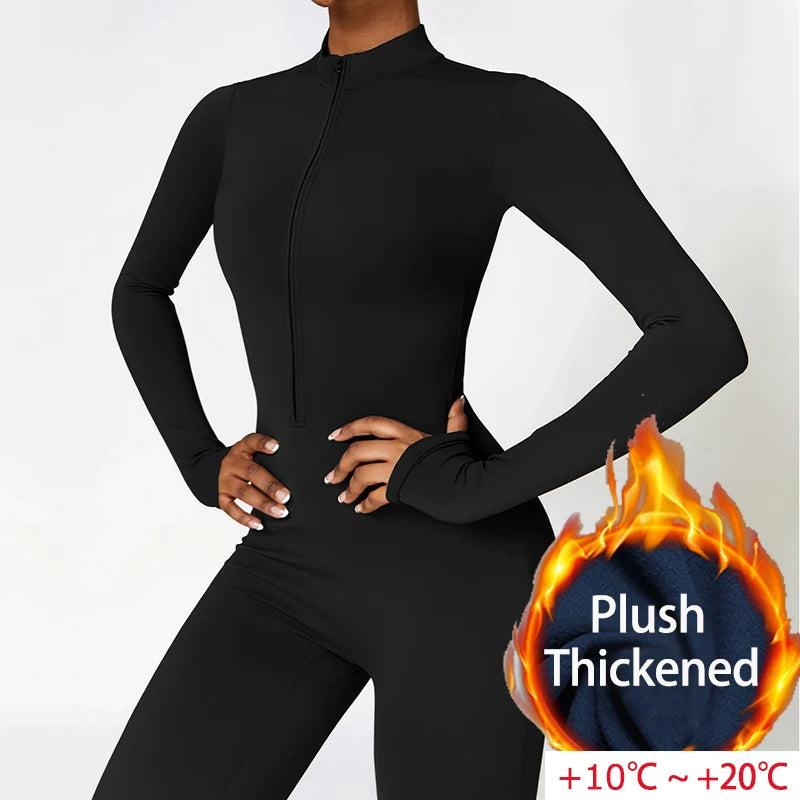Warm Plush One-Piece Sports Jumpsuit – Women's Winter Fitness Tracksuit