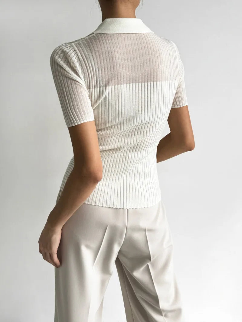 Ice Silk Polo Crop Top - Hollow-Out, Short Sleeve Korean Style