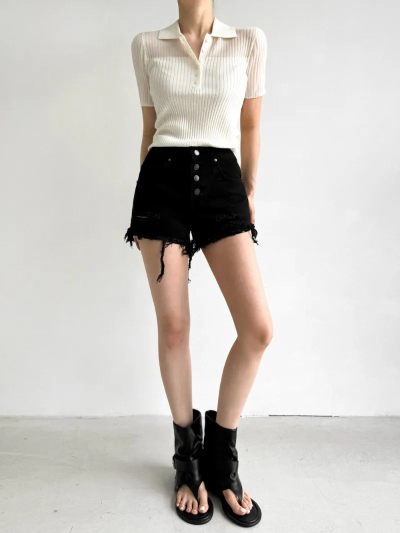 Ice Silk Polo Crop Top - Hollow-Out, Short Sleeve Korean Style