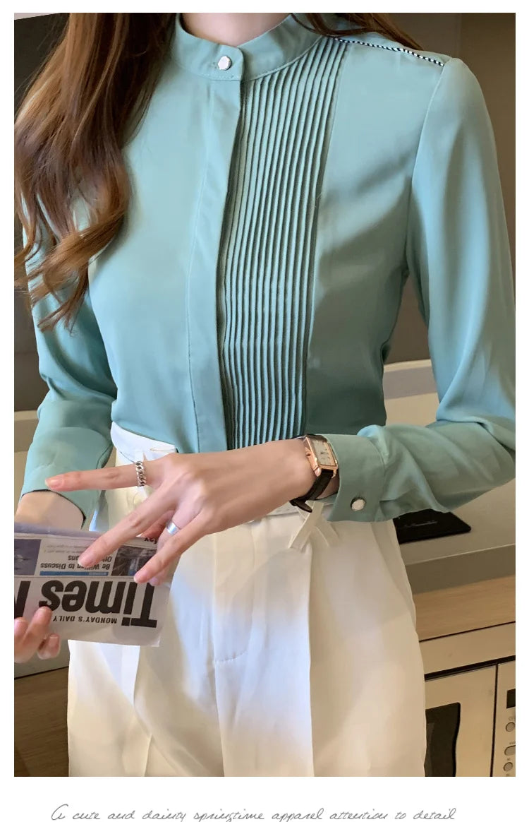 023 Chiffon Bow V-Neck Blouse - Long Sleeve Office Top