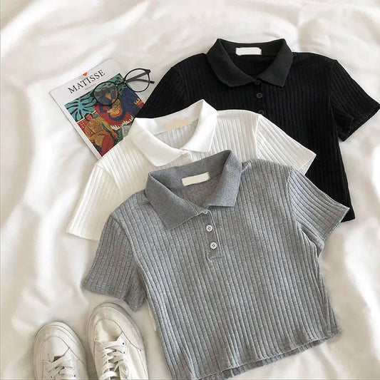 Youthful Knit Polo Crop Top - Short Sleeve