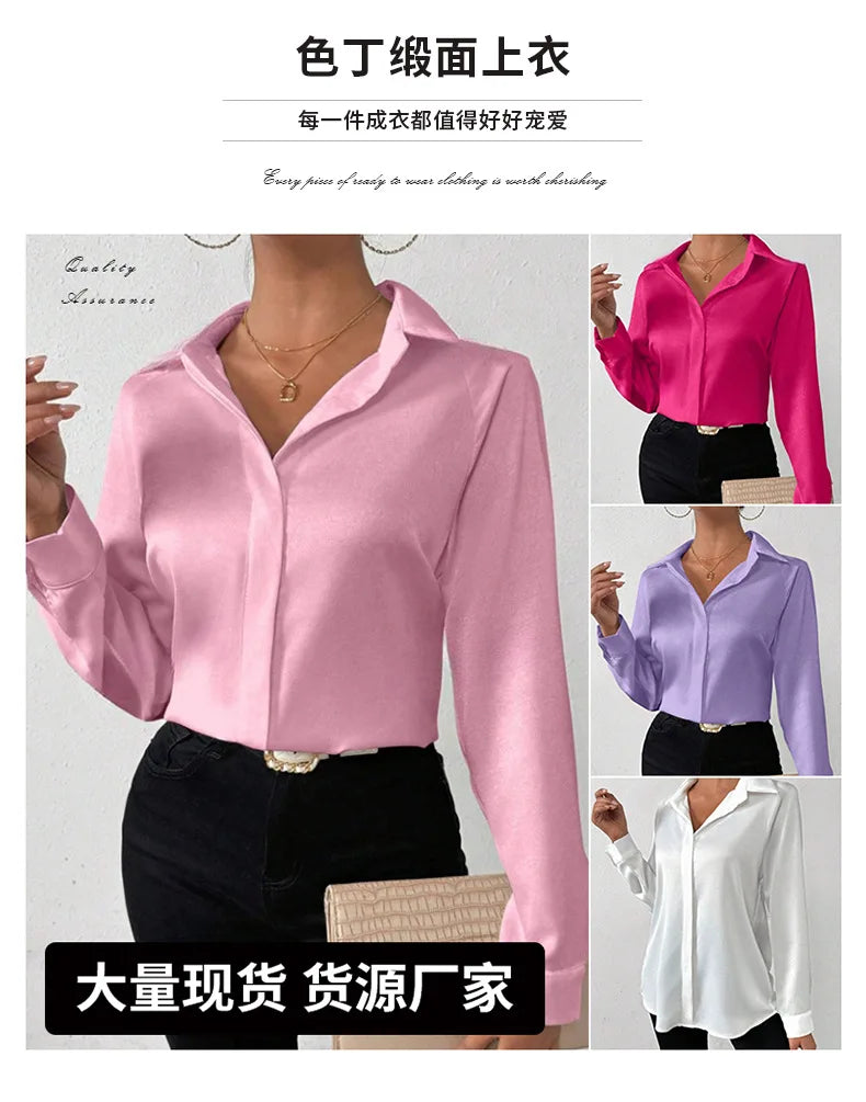 Elegant Long Sleeve Silk-Like Blouse - High-Quality Fashion