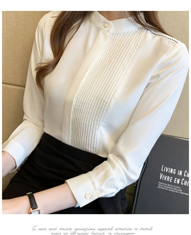 023 Chiffon Bow V-Neck Blouse - Long Sleeve Office Top