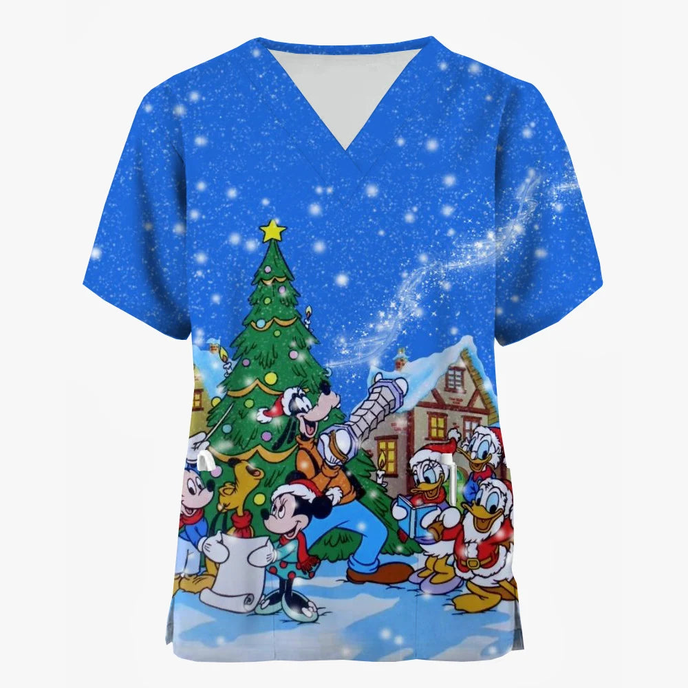 Mickey Mouse Nursing Scrub Top - V-Neck with Pockets, Christmas Edition