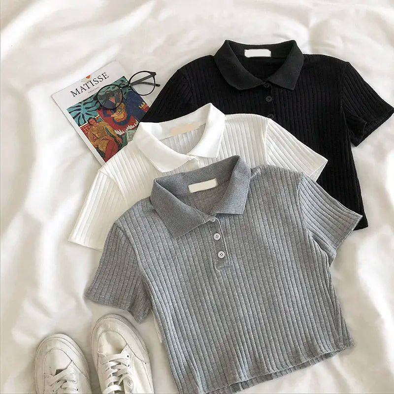Youthful Knit Polo Crop Top - Short Sleeve