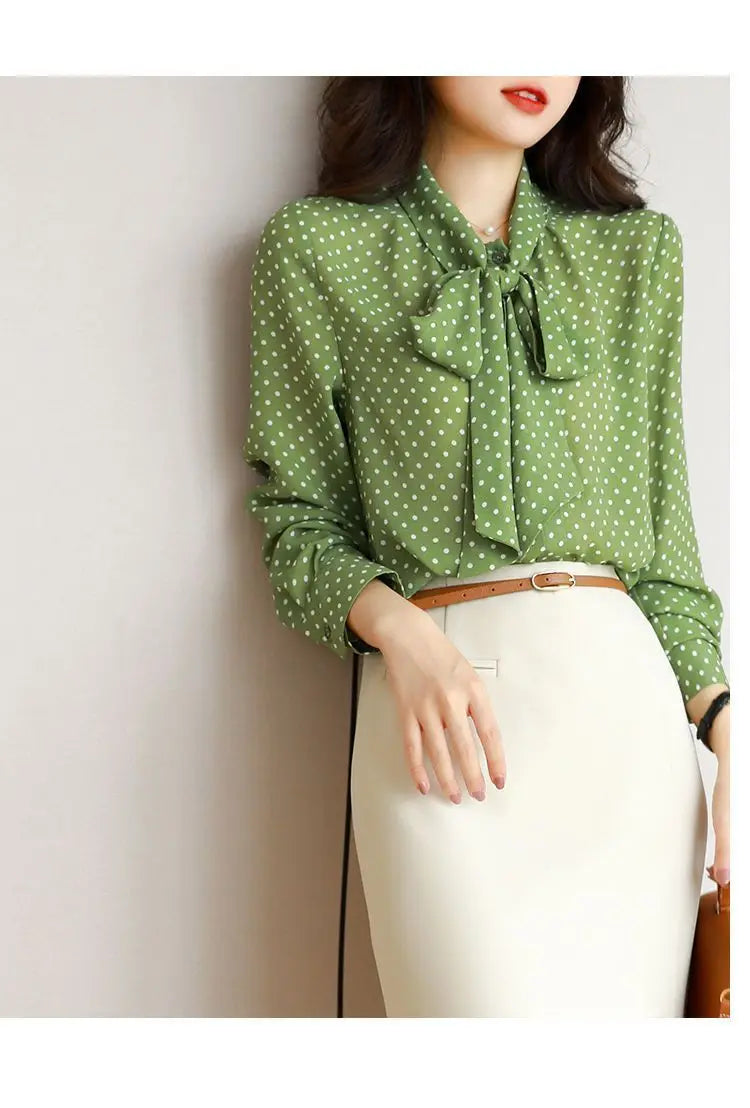 Polka Dot Shawl Collar Blouse - Bow Detail, Long Sleeve