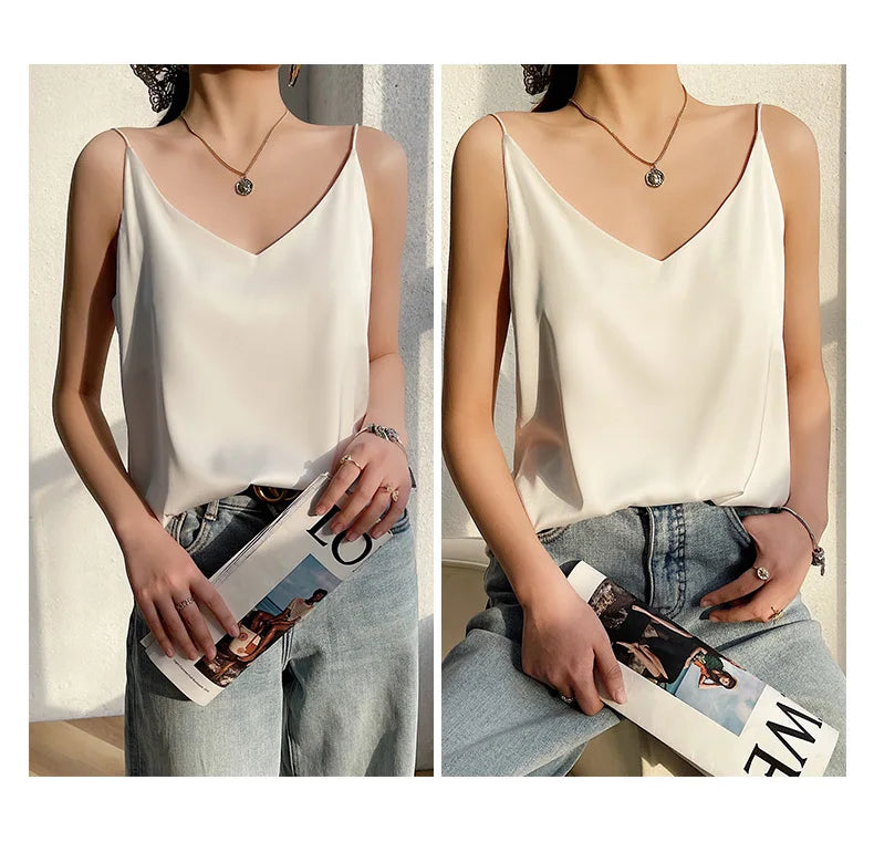 Real Silk V-Neck Sleeveless Top - Black/White, Spring 2023