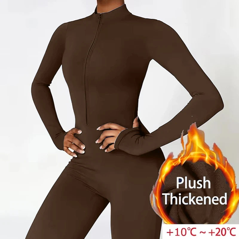Warm Plush One-Piece Sports Jumpsuit – Women's Winter Fitness Tracksuit