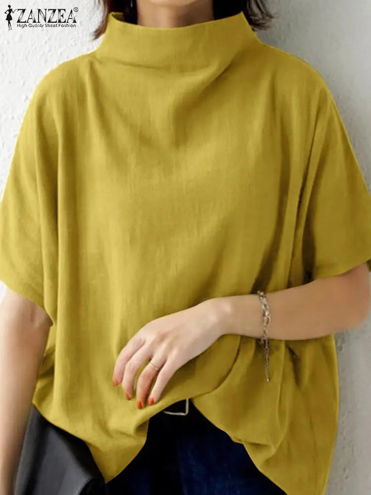 ZANZEA Cotton Turtleneck Blouse - Short Sleeve, Oversized Fit