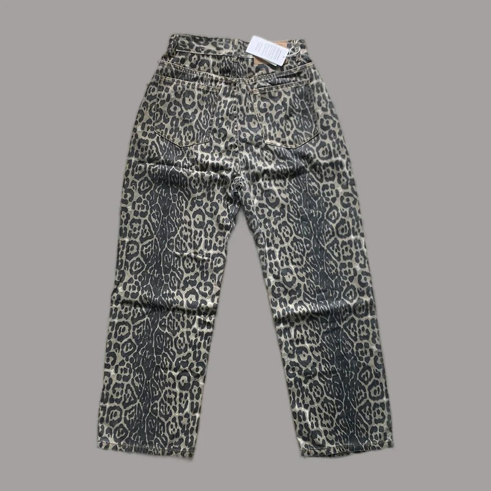 Leopard High-Waist Wide-Leg Jeans - Y2K Harajuku Streetwear Denim Pants for Women
