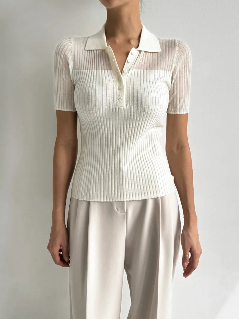 Ice Silk Polo Crop Top - Hollow-Out, Short Sleeve Korean Style