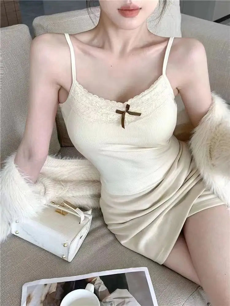 Lace Bow Corset Camisole - Sleeveless Slim Crop Top with Chest Pad for Summer Elegance