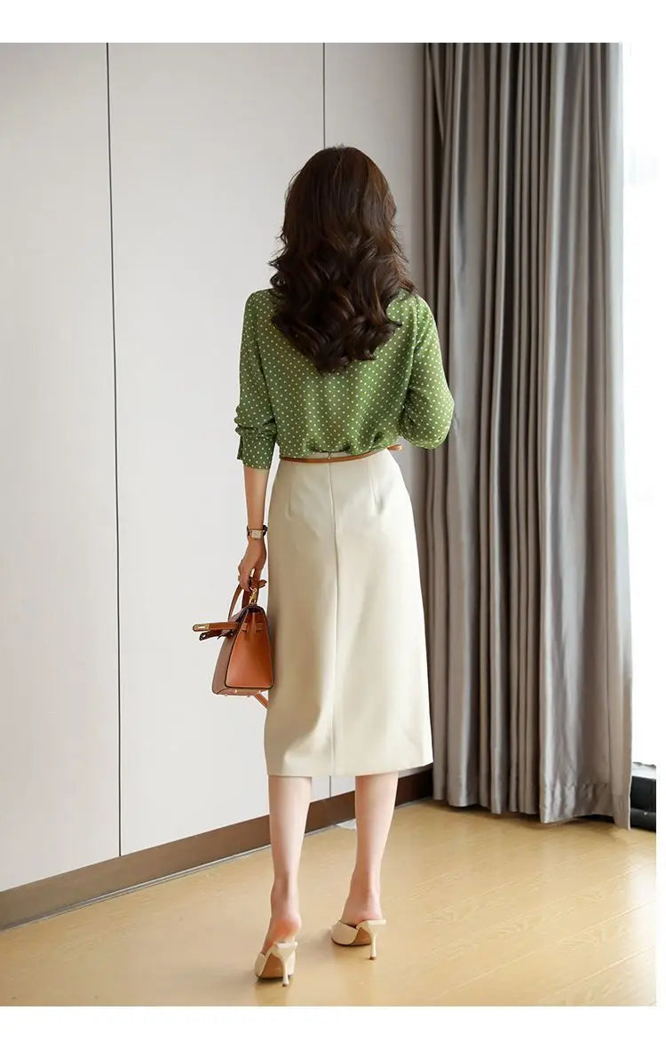 Polka Dot Shawl Collar Blouse - Bow Detail, Long Sleeve
