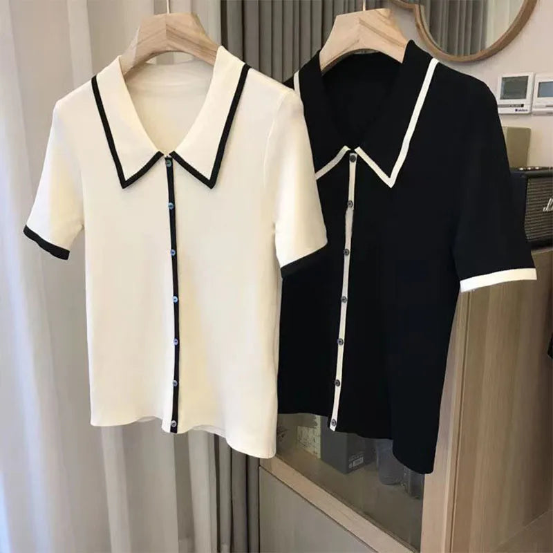 Black & White Patchwork Polo Shirt - Casual Knit Short Sleeve
