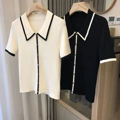 Black & White Patchwork Polo Shirt - Casual Knit Short Sleeve