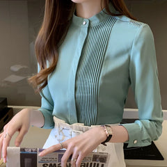 023 Chiffon Bow V-Neck Blouse - Long Sleeve Office Top