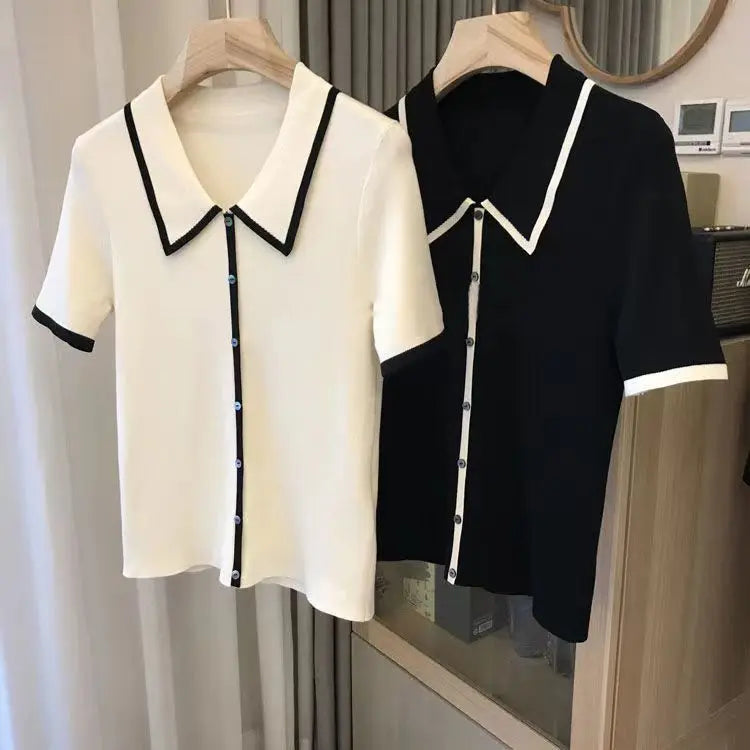 Black & White Patchwork Polo Shirt - Casual Knit Short Sleeve