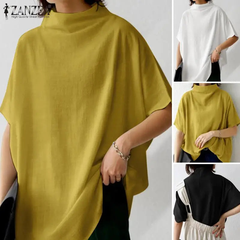ZANZEA Cotton Turtleneck Blouse - Short Sleeve, Oversized Fit