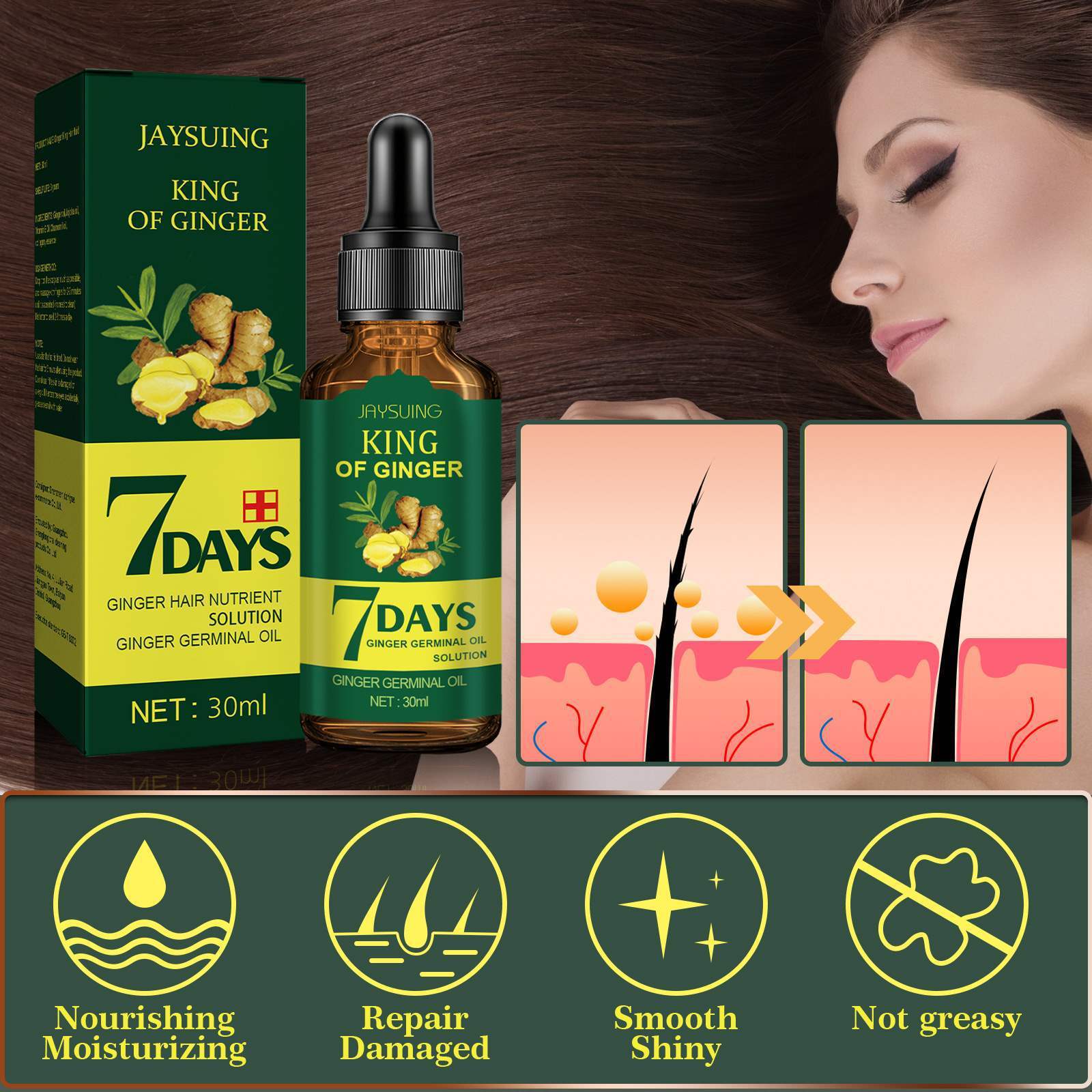 Jaysuing Ginger Hair Treatment Oil Refreshing & Nourishing Scalp Follicle Strengthening Hair Nutrient Solution