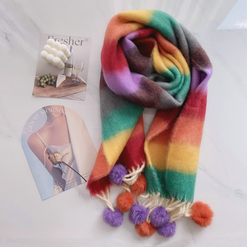 Rainbow Dopamine Mohair Tassel Scarf